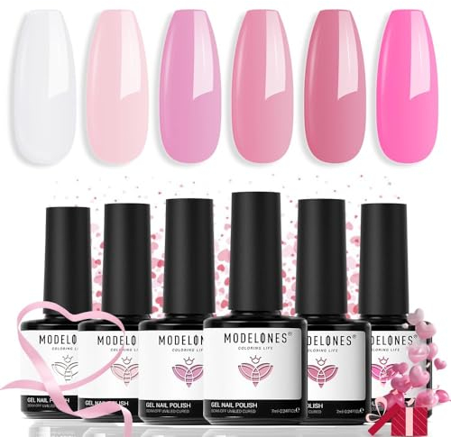 Modelones Smalto Gel UV per Unghie - 6 Colori Bianco, Rosa e Nude - Shellac Estivo Naturale Soak Off per Principianti, Manicure e Salone
