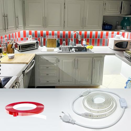Q.Laomi LED Strip 3M, Super Hell LED Streifen 220V 230V Direktanschluss, Wasserdicht IP65 LED Leiste mit Schalter, 6000K Lichtleiste für Küche, Badezimmer, Werkbank, LED Band Kaltweiß