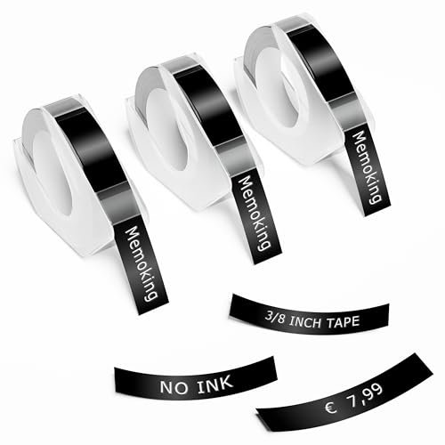 3D Prägegerät Etiketten - 3/8 (9mm) Kompatibel mit Vixic Omega S, Phomemo E975, DYMO Omega, DYMO Junior, Goknu, Aken Omega S, Prägegerät E975 Prägeband, 3D Kunststoff-Etiketten, 3 Packung (Schwarz)