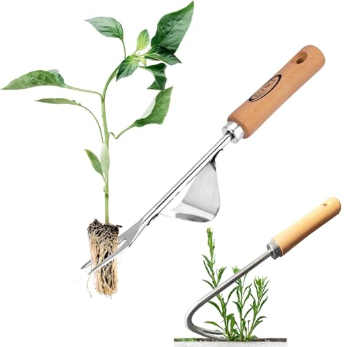 Gentpovth 2 pièces Outil Desherbeur Manuel en Acier Inoxydable, avec Manche Ergonomique en Bois, Arrache Racine Outil Gouge Désherbage, pour Eliminer Les Mauvaises Herbes des Jardins,Paysages,Potagers