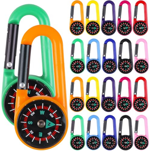 SULOLI 20pcs Mini Boussole Portative Extérieure,Boussole de Camping Colorée | Boucle d'Escalade ABS Boussole Porte Clef