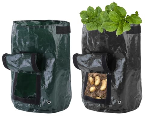 DHSBGWSX Lot de 2 sacs de plantation de pommes de terre, de légumes, de plein air, avec couvercles et poignées, noir, vert foncé