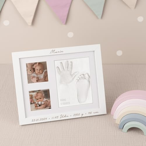 Personalisiertes Gipsabdruck Set Baby | Geschenke zur Geburt | Handabdruck & Fußabdruck Ton | Baby Geschenk | (Schreibschrift)