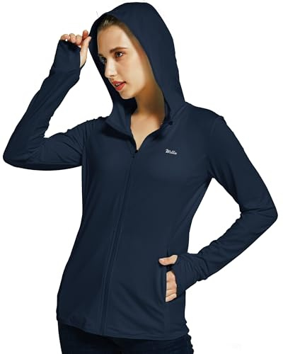 WILLIT Löparjacka för damer UPF 50+ solskydd hoodie full dragkedja lätt sportjacka långärmad snabbtorkande andningsbar UV-jacka för vandring yoga resor, marinblå, M
