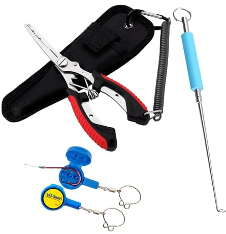 4Pcs Stainless Steel Fishing Multi-tool Set with Split Ring Pliers, Fish Hook Unloader and Unhooking Device, Line Cutter & Lanyard – Durable Angling Accessories for Freshwater & Saltwater Fishing