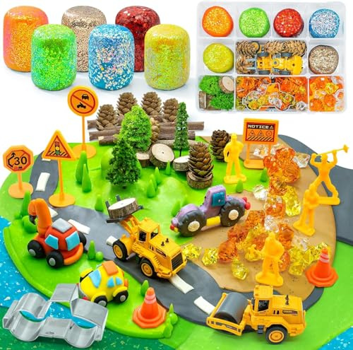 SIMPLIPLAY Construction Sensory Kit with 6 PCS 18oz Glitter Doughs