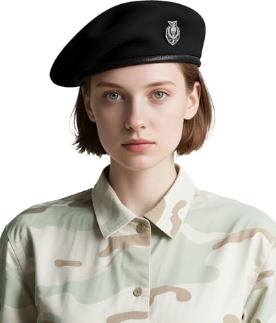 CKYPTFK Beret Hats for Women & Beret Hat Men - US Army Style 100% Wool Military Berets, Vintage British Officer Look, Warm Slouchy Unisex Cap-Black Hat（L）