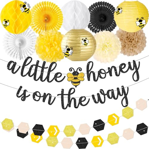 Kriyokiaa Bee Baby Shower Decorations 15 Pcs Honey Bee Baby Shower Decorations with A Little Honey is On The Way Banner, Paper Lantern Fans, Pom Poms, Honeycomb Ball for Bumblebee Party Decor