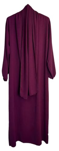 VR2 Denim Ladies Abaya with Scarf Hijab Attached, Long Sleeve Modest Dress for Women, Wine Colour, One Size UK 8-18