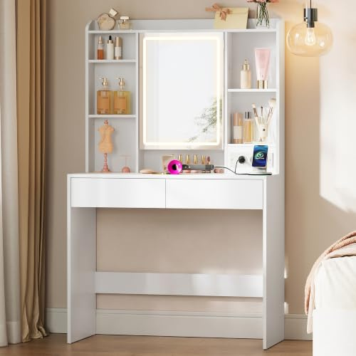 VASAGLE Kailyn Collection - Sminkbord med LED-spegel, 3 färger, justerbar ljusstyrka, flera uttag, sminkbord, stor, justerbar förvaringshylla, 2 lådor, modern, vit, RDT143WB01
