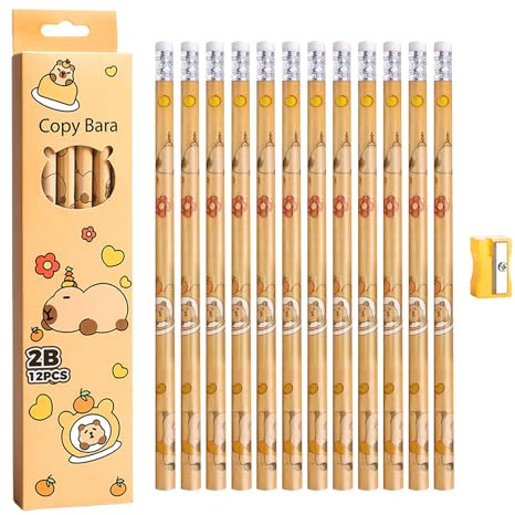 Hyleara 12 stycken Capybara pennor, 2B, blyertspenna med suddgummi och pennvässare, grafitpenna, Capybara set, blyertspenna barn för att rita, skriva, skola och kontor