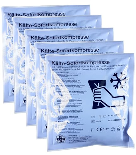 5 x First Aid Products Kälte-Sofort-Kompresse 15 x 17 cm – Sofort-Kühlpack zur äußeren Anwendung bei Prellungen, Sport- & Arbeitsverletzungen – Einweg Kühlpads für Erste Hilfe & Notfall