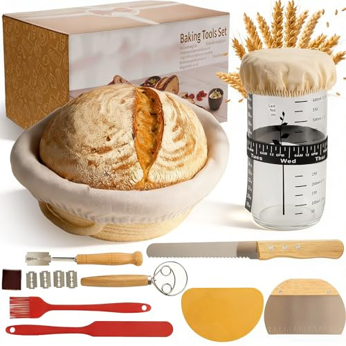 ASOBEAGE Kit de fabrication de pain au levain 11 pièces – Comprend un panier rond de 22,9 cm avec doublure en coton, une lame, un pot de démarrage en verre, un fouet à pâte et des grattoirs pour