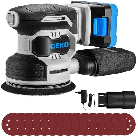 Levigatrice Orbitale a Batteria: DEKOPRO Levigatrice Rotorbitale con 1 Batteria 2000mAh, Orbitale per Legno da 125 mm, 13000 RPM, con Sacchetto per la Polvere e 15 Fogli di Carta Vetrata Blu-grigio