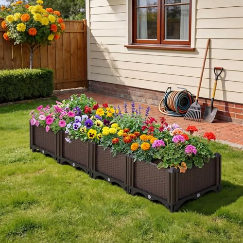 Warmiehomy Raised Beds for Garden, 120x30x20cm, Set of 4 Outdoor Planter Box with Self-Watering Design, Plastic Plant Container for Growing Vegetables and Flowers, Brown