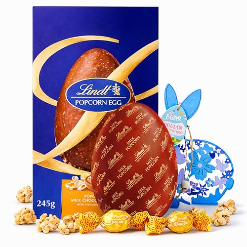 Lindt Chocolates Easter Egg for Easter Gifts - Large Milk Chocolate Egg with Popcorn Truffles 245g & Topline Wooden Easter Decoration. Great Gifts for Women, Hampers, Egg Hunt