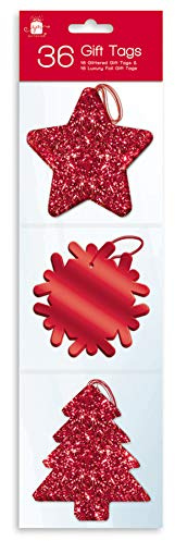 36 Red Glitter and Luxury Foil Xmas Gift Tags With Thread