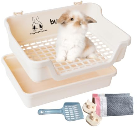 HoppScotch.bun Bumbox Large Rabbit Litter Box, 15.75 Training Cage with Plastic Grid for Small Animals, Indoor/Outdoor, Cream