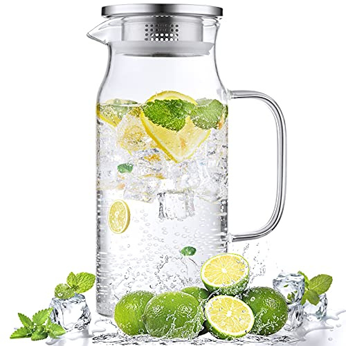 Bivvclaz 1.2 Liter 40 oz Small Glass Pitcher with Lid and Handle, Glass Carafe for Hot/Cold Water, Iced Tea Jug for Coffee, Juice and Homemade Beverage