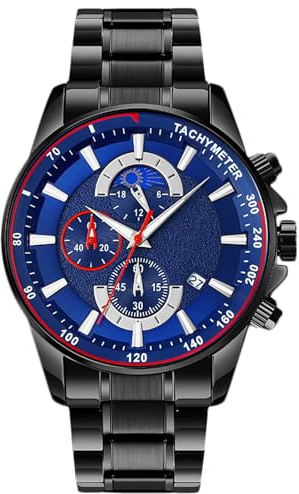 RORIOS Herren-Armbanduhr, wasserdicht, Analog, Quarz, Uhren mit Edelstahl, Chronograph, Multifunktionsuhren für Männer, Blau/Schwarz, Armband