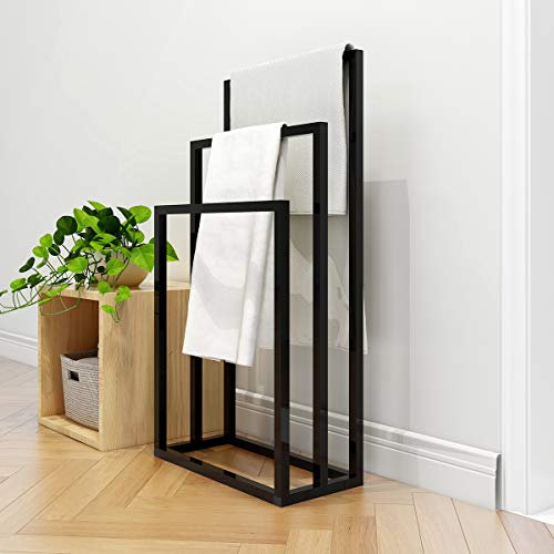 Towel Rack Étagère à serviettes en métal, 3 barres, cintre multifonction, étagère de séchage autonome, 3 niveaux, organisateur de rangement, noir