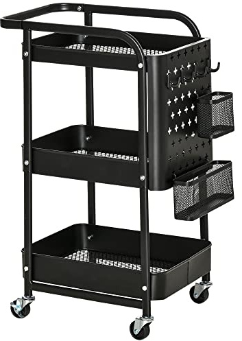 HOMCOM Carrello Portavivande a 3 Livelli con Spazio Multiuso e Ruote Girevoli, in Acciaio e Plastica PP, 51.5x32x75.6cm, Nero