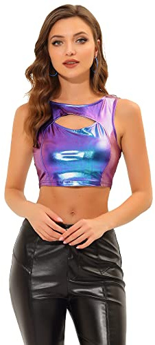 Allegra K Top corto ahuecado para mujer Y2K sin mangas recortado fiesta Clubwear brillante metálico camisetas sin mangas, Blue Purple, 48