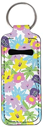 COEQINE Women Girls Chapstick Keychain Holder Clip-on Chapstick Sleeve Lip Balm Holder Print Colorful Flowers Neoprene Lipstick Holder Keychain Travel Accessories