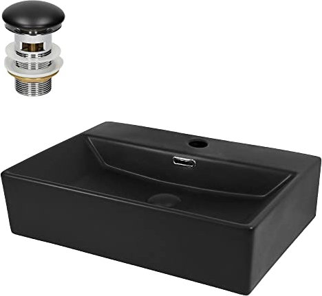 ML-Design Waschbecken aus Keramik in Schwarz matt 510x360x130mm inkl. Ablaufgarnitur, Eckige Aufsatzwaschbecken mit Überlauf, Moderne Waschtisch Waschschale Waschplatz Handwaschbecken, für Badezimmer