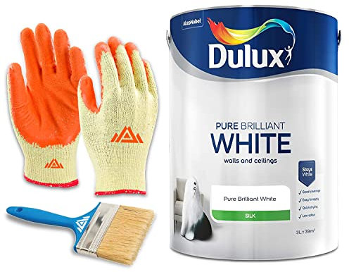 PERFECTONISH Dulux Paint For Walls & Ceilings- Pure Brilliant White Silk Paint With Protective Gloves & 3 Brush- Quick Drying White Wall Paint, Ceiling paint and Bathroom Paint 3 Litres