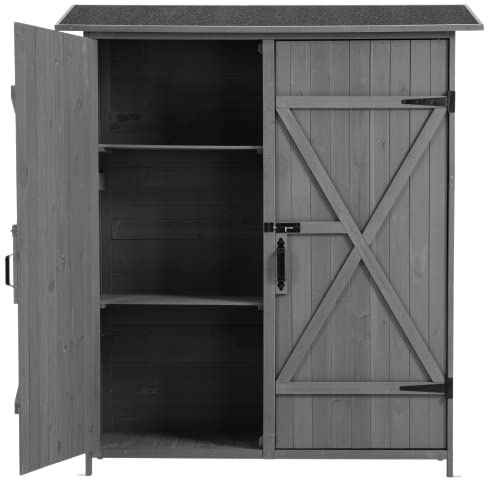 Outdoor Storage Cabinet- Garden Storage Shed- Lockable Wooden Storage Sheds Organizer for Home, Yard, Outdoor 56”L x 19.5”W x 64”H (Gray + Solid Wood)