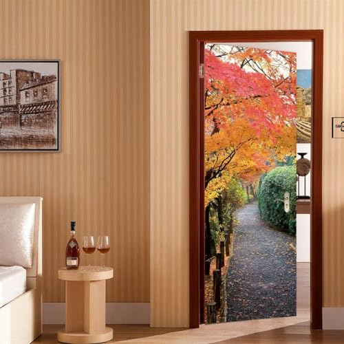 A.Monamour Adesivo Porta Autoadesiva 3D Un Percorso Attraverso Il Paesaggio Naturale Della Foresta Autunnale Dorata Vinile PVC Adesivi per Porte Pellicola Adesiva Poster Sticker Parete Carta da Parati