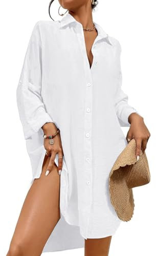 Tanmolo Damen Strandkleid Bikini Cover Up Sommer Strandbluse Strandhemd V-Ausschnitt Strandponcho Bademode Strand Vertuschen Shirt (Weiß,XL)