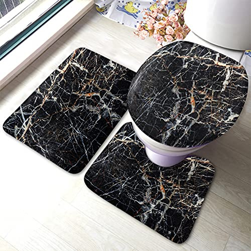 3 Piece Bath Mat Set Black Stone Wall Dark Natural Solid Rock Surface Warmer U Shape Wc Toilet Rug Durable Toilet Lid Cover Mat Absorbent Bathroom Mat Set