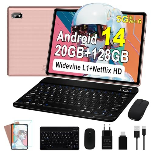 Tablet 10 Pollici Android 14 con 20GB RAM + 128GB ROM (TF/1TB), 5G WiFi 6, Octa-Core, GMS, Bluetooth 5.0, 5MP + 8MP, 1280 * 800 FHD, Widevine L1, 2025 Newest Tablet 2 in 1 con Tastiera e Mouse - Rosa