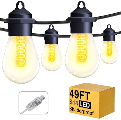 Led Lichterkette Außen Strom LED Glühbirnen,15M Outdoor Lichterketten Garten mit S14 20 Plastik Beleuchtung IP65 Wasserdicht String Lights für Außen & Innen Terrasse, Party, Balkon (White)