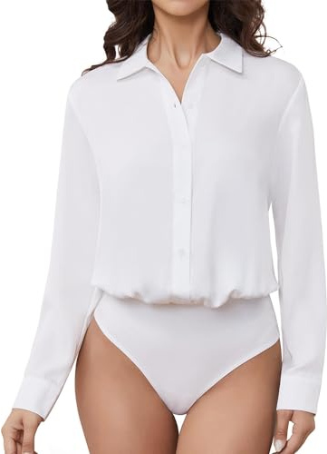 ticticlily Chemisier Femme Body Chemise à Manches Longues Col V avec Boutonné Bodys Haut Tops Business Chic Élégant A Blanc L