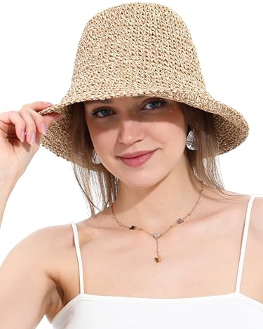 soul young Chapeau de Soleil Femme en Paille Tressée Large Bord Reversible Plage Bob Pliable Été Voyage Protection UV UPF50+