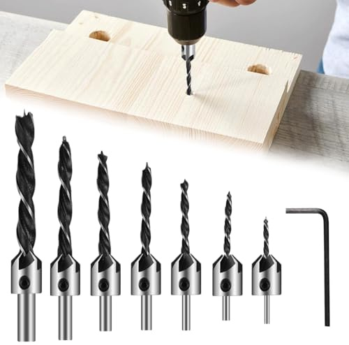 7 Pezzi Set di Punte per Legno con Svasatori, 3-10 mm Svasatori a Scatto con 1 Chiave a Brugola, Punte per Trapano Svasato, Set di Punte da Trapano per Svasare per Legno, Plastica, Metalli Morbidi