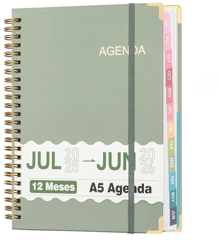 Jul 2025 – jun 2026 A5-planerare, akademisk planerare 2025–2026 vecko- och månadsplaneringsbok 12 månader dagskalender med flikar skola college lärare student planerare (grön)