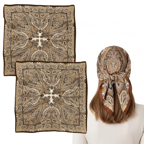 QhgPnt 2 Pcs Brown Bandana, silk head scarf, Women's Vintage Print Head Scarf, Stylish Hair Accessory for Travel, Beach, Sleep, Special Occasions, Vacation Sports Gifts 70 X 70 cm