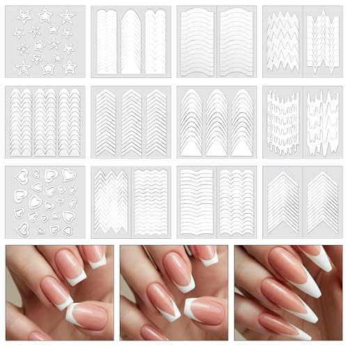Qianyu Lot de 36 feuilles de 1158 autocollants pour manucure française, 17 designs, autocollants pour décoration des ongles DIY