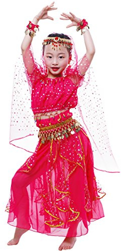 Astage kid Girl Genie Costume Short Sleeve Belly Dance ornaments Halloween Costumes Hotpink L
