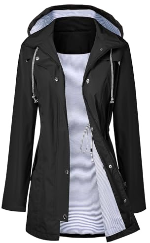 LOMON Women Rain Jacket Belted Adjustment Hooded Long Lightweight Packable Outerwear Waterproof Breathable Cotton Lined Raincoat Black M