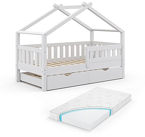 VitaliSpa Hausbett Design, Weiß, 80x160 cm mit Gästebett und Matratze, geeignet als Spiel- und Schlafbereich für Kinder