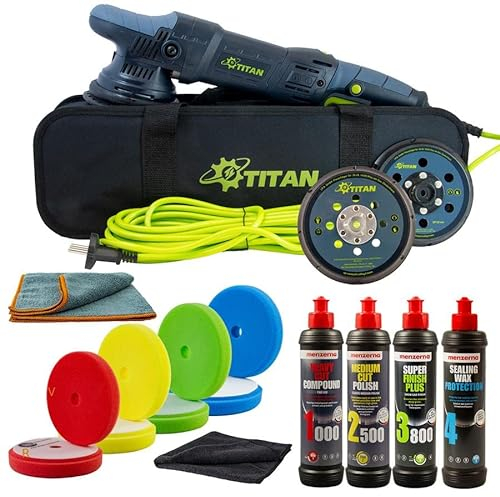 Titan TDA21 Exzenter Poliermaschine im Luxus Set | 4 x Menzerna Politur | 4 x Polierschwamm
