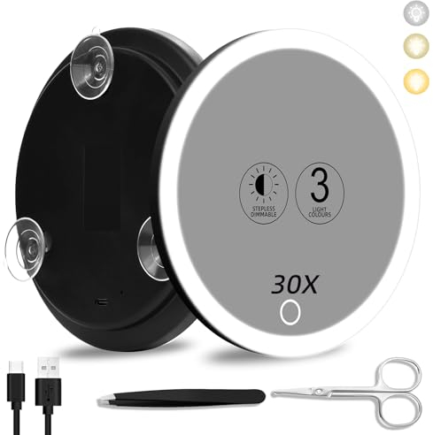 Suupvaor 30x Magnifying Mirror With Light, 3 Colors Dimming Lighted With 3 Suction Cups, Travel Light Up High Magnification Makeup Mirror With Tweezers Scissors
