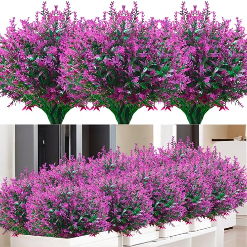 Kinisty 12 Bundles Artificial Lavender Flowers Outdoor, Decorative Fake Flowers UV Resistant Plastic Shrubs Bushes Faux Flowers for Outside Indoor Garden Window Boxes Hanging Basket (Fuchsia)