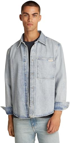 Calvin Klein Uomo Camicia in Jeans Regular Denim Shirt Taschino sul Petto, Blu (Denim Light), S