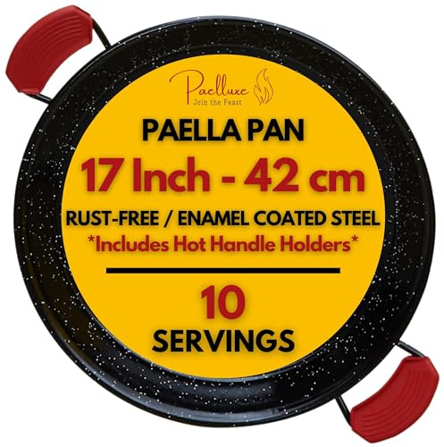 Paelluxe Paella Pan – Enamelled, No-Rust Steel Skillet for Propane & Gas Burners – Easy-to-Clean Pan for Indoor & Outdoor Cooking – Cacerola Paellera Sarten – 17 Inch, for 10 Servings
